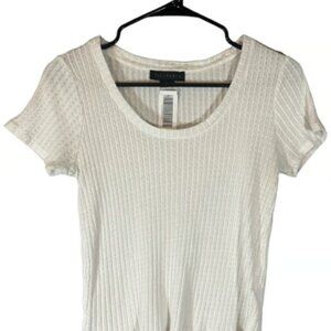 Sanctuary White Ribbed Textured Boat Neck Cotton Short Sleeve Shirt Women